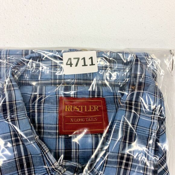 Rustler Western Shirt Mens Large X Long Tails Blue Plaid Pearl Snap Cowboy Ranch - Picture 11 of 11
